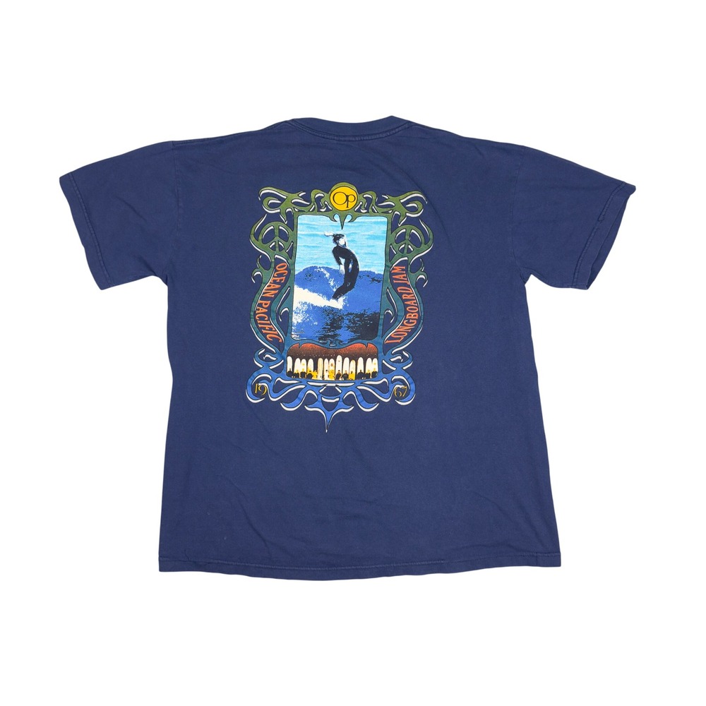 Vtg 90s OP Ocean Pacific Longboard Jam Surf T-Shirt Men's L‎ USA Made Navy Blue